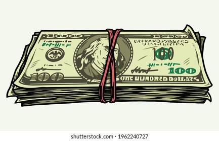 Stack of one hundred dollar bills in vintage style isolated vector illustration