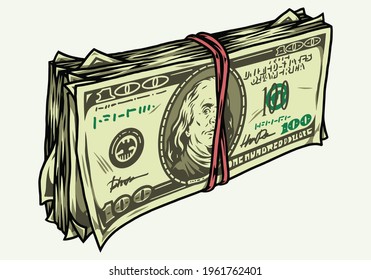 Stack of one hundred US dollars in vintage style on white background isolated vector illustration