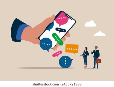 Stack of online speech bubbles fall from a smartphone. Inefficient discussion or meeting concept. Too many messages or spam. Flat vector illustration.