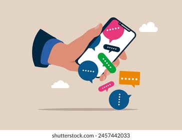 Stack of online speech bubbles fall from a smartphone. Too many messages or spam. Flat vector illustration.