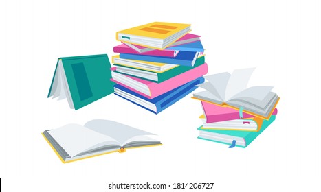 Stack of open books, with bookmarks. Flat pile of books collection literature. Cartoon office, school interior study, college bookcase. Symbol knowledge. Vector illustration on white background