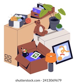 Stack of open cardboard boxes with lots objects, clothes, drawing supplies. Kids toy, stuff in package for relocation. Various properties packed for moving. Flat isolated vector illustrations on white