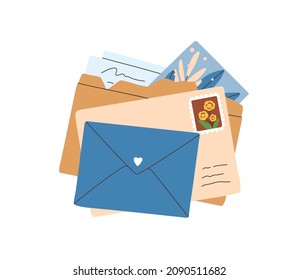 Stack of open and closed envelopes, postcards, handwritten letters, greeting post cards and invitations. Paper mail composition. Flat vector illustration of correspondence isolated on white background