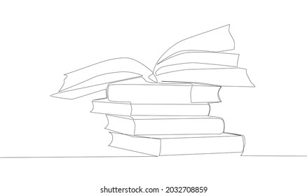Stack of opened books in style of one line. Black contour.