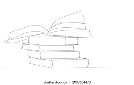 Stack of opened books in style of one line. Black contour.