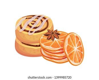 Stack of orange slices next to the biscuits. Vector illustration on white background.