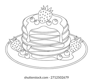 Stapel von Umrissen Pfannkuchen mit Erdbeeren und Heidelbeeren Linie