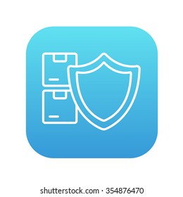 Stack of packages with a shield line icon for web, mobile and infographics. Vector white icon on the blue gradient square with rounded corners isolated on white background.