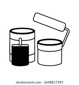 Pilha de latas de tinta ao lado de pincel de rolo limpo cena da linha Ilustração do vetor