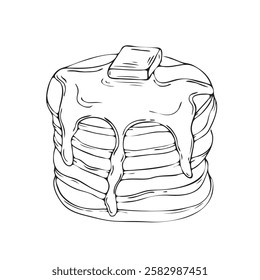 Stack of pancakes with berries. Hand drawn vector illustration. Doodle style