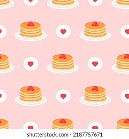 Stack of pancakes with berries on plate pattern with hearts on pink background, cute food ornament for menu design