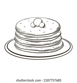 Stack of pancakes with berries on plate in retro style isolated on white background, doodle illustration