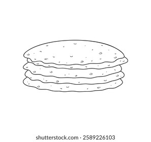 Stack of pancakes, black and white graphic illustration sketch, hand-drawn line, vector. Delicious, fresh breakfast, round tortilla.  The icon element for the Carnival holiday, decorations, covers