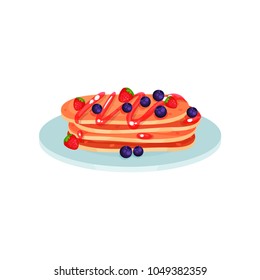 Stack of pancakes with blueberry and strawberry, food for breakfast vector Illustration on a white background