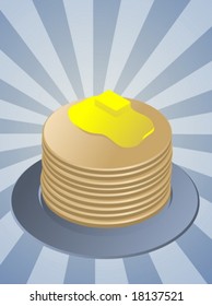 Stack of pancakes, breakfast fllapjacks on blue plate