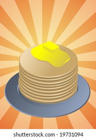 Stack of pancakes, breakfast fllapjacks on blue plate