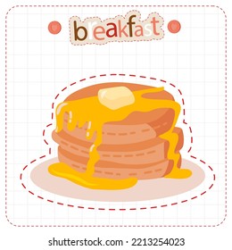 A stack of pancakes with butter and jam on a plate. Hand drawn healthy flat style breakfast. Isolated vector illustration for café, menu stickers and printing. 