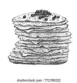 Stack of pancakes with caviar, vector illustration sketch in ink. 