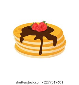 Pila de tortitas con salsa de chocolate ilustración vectorial. Dibujo aislado pila de crepes calientes dulces con decoración de fresa para el desayuno americano, crepes con bayas y jarabe de goteo