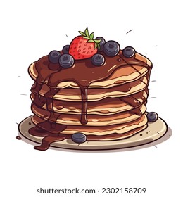 A stack of pancakes with chocolate syrup and a chocolate covered cherry on top. 