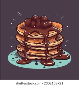 A stack of pancakes with chocolate syrup and a chocolate covered cherry on top. 