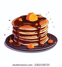 A stack of pancakes with chocolate syrup and a chocolate covered cherry on top. 
