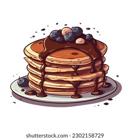 A stack of pancakes with chocolate syrup and a chocolate covered cherry on top. 