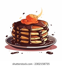 A stack of pancakes with chocolate syrup and a chocolate covered cherry on top. 