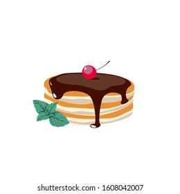 A stack of pancakes with chocolate syrup and mint . Hand drawn vector illustration.
