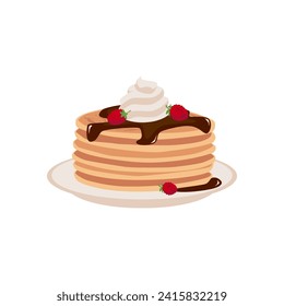 A stack of pancakes with chocolate topping, whipped cream and raspberries on a plate. Vector flat cartoon illustration. Delicious baking food, sweet dessert isolated on white background