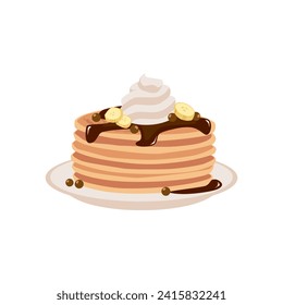 Una pila de crepes con trozos de chocolate, crema batida, rodajas de plátano y caramelos sobre un plato. Ilustración de dibujos animados planos vectores. Deliciosa comida para cocinar, postre dulce aislado en blanco