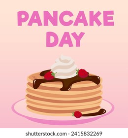 A stack of pancakes with chocolate topping, whipped cream and raspberries on a plate. Pancake day poster. Vector flat cartoon illustration. Delicious baking food, sweet dessert