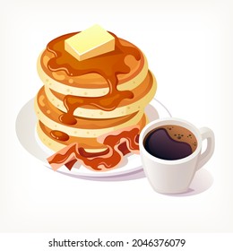 Stack of pancakes with crispy bacon in plate covered in maple syrup and a piece of butter on top. Cup of hot black coffee with foam. Isolated vector illustration for menu designs.