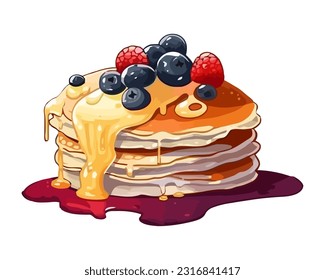 Stack of pancakes with fresh berries and syrup icon isolated