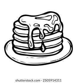 Stack of pancakes hand drawn doodle. Breakfast food. Pastry on plate. Bakery. Maple syrup. Sweet snack. Culinary product. Vector sketch line art illustration.