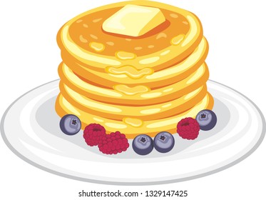 Stack of pancakes with honey, butter and berries. Vector