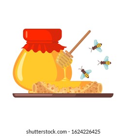 Stack of pancakes with honey icon in flat style isolated on white background. Wooden honey dipper, jar and bee. Vector illustration.