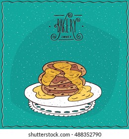 Stack of pancakes with honey, lie on lacy napkin. Cyan background and ornate lettering bakery. Handmade cartoon style. Vector illustration
