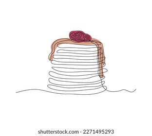 stack of pancakes, with honey topping and raspberries Continuous One Line Drawing