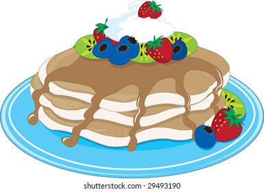 A stack of pancakes with maple syrup and fruit