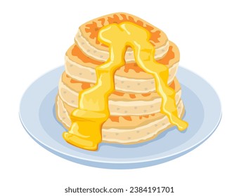 Stack of pancakes with maple syrup or honey.  Breakfast food menu item tasty fluffy homestyle pancakes with butter plate.  Vector illustration isolated on white. Breakfast concept.