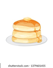Stack of pancakes with maple syrup and piece of butter. Cute drawn vector illustration.