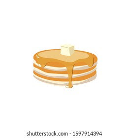 Stack of pancakes with maple syrup and piece of butter. Hand drawn vector illustration.