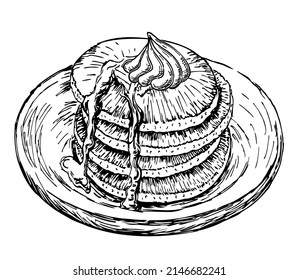 Stack of pancakes with maple syrup and piece of butter. Breakfast pancakes with syrup and butter on a plate sketch art vector. Hand drawn vector illustration. 