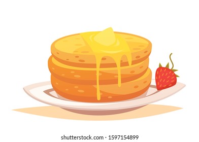 Stack of pancakes with maple syrup strawberry pancake vector illustration isolated on white background