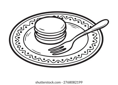 Stack of pancakes on ornate plate with fork, goldenbrown layered breakfast served hot, syrupready surface and cozy morning vibe, casual brunch scene and comforting homemade food styling