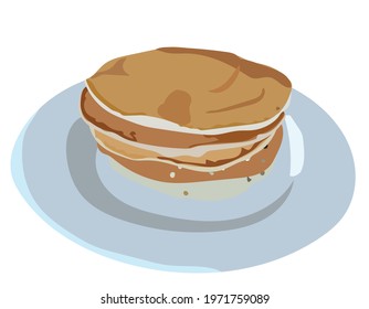 A stack of pancakes on a plate. Breakfast. Flat style. Vector stock illustration isolated on white background.