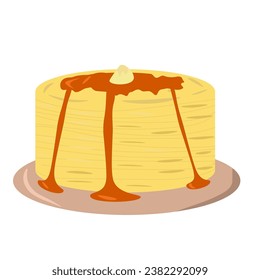 stack of pancakes on a plate with a piece of butter, with caramel, on a white background
