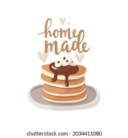 A stack of pancakes on a plate. Yummy breakfast. Chocolate topping. Ganache, banana, chocolate chips. Handwritten inscription "homemade". Hearts and abstract dots. Hand-drawn vector illustration.