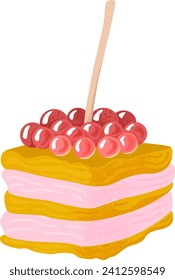 Pista de crepes con helado rosa y cerezas en la parte superior, con un palo de madera insertado. Deliciosa ilustración vectorial del desayuno de panqueques.